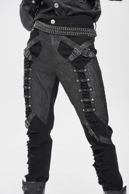 Black Ripped Buckle Straps Men's Punk Pants