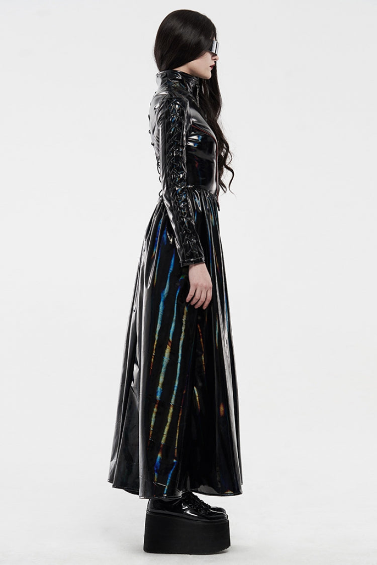 Black Stand Collar Long Sleeves Metal Zipper Lace-Up Womens Steampunk Coat