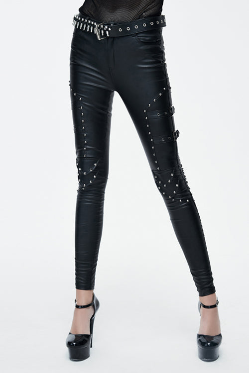 Black Sexy rivets coarse grain leather adjusted loops skinny Womens Pants