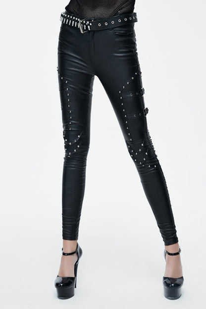 Black Sexy rivets coarse grain leather adjusted loops skinny Womens Pants