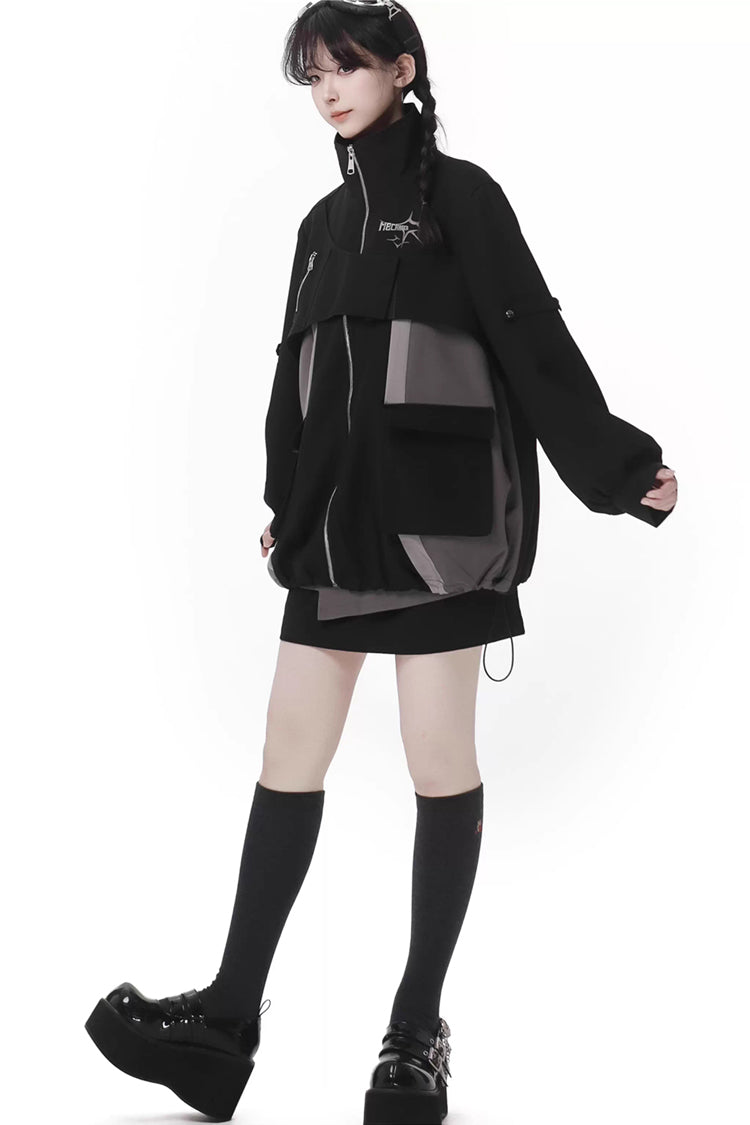 Black [Holographic Cruise] Techwear Long Sleeves Spliced Zippered Gothic Jirai Kei Skirt and Coat Set