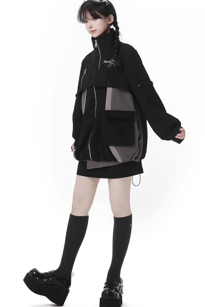 Black [Holographic Cruise] Techwear Long Sleeves Spliced Zippered Gothic Jirai Kei Skirt and Coat Set