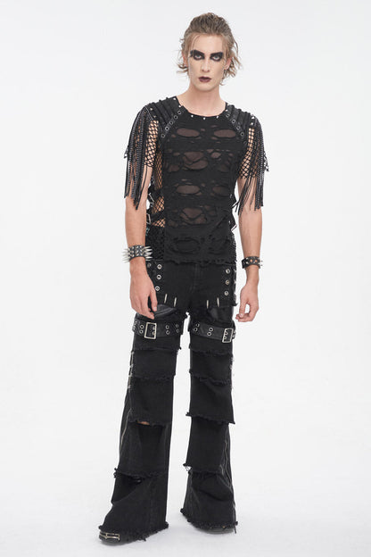 Black Round Collar Mesh Stitching Men's Punk T-Shirt