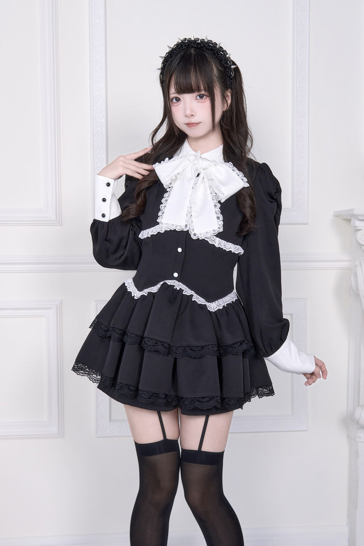 Japanese Long Sleeves Double-Layered Bowknot Jirai Kei Dress Shorts Set 2 Colors