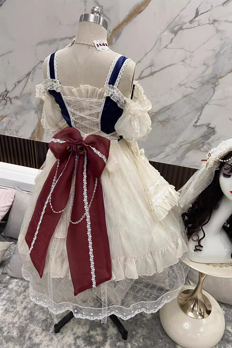 Blue/Ivory Snow White Off Shoulder Ruffle Cardigan Bowknot Lace Sweet Gorgeous Lolita Dress