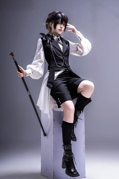 Black/White [Black Tea Concerto] Bow Asymmetric Ouji Fashion Gothic Prince Lolita Vest Top Shorts Set