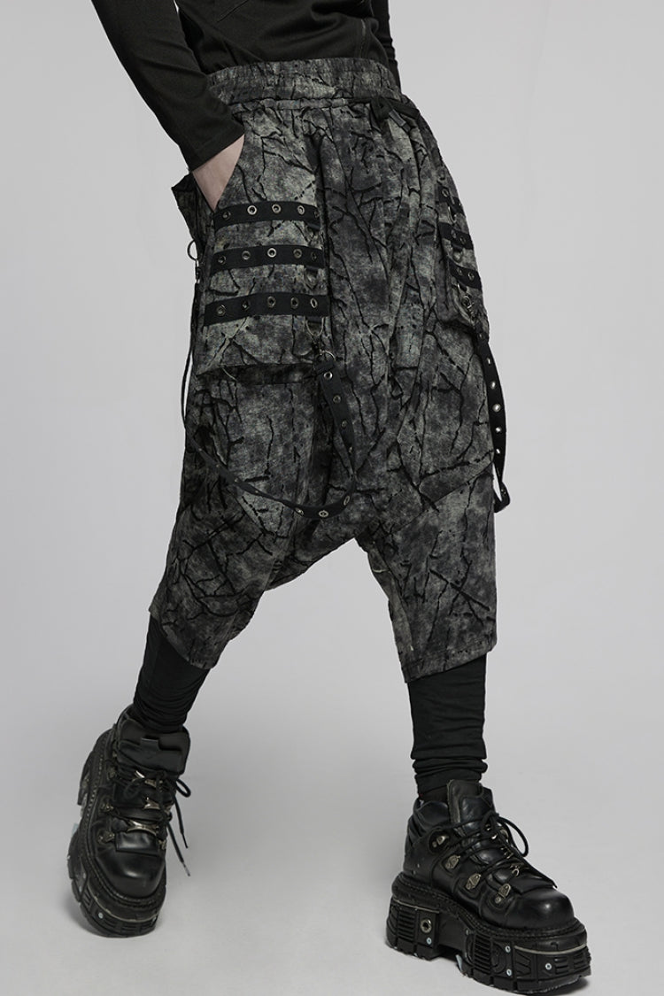 Black/Grey Tie-dyed Sagging Men's Punk Pants with Staps