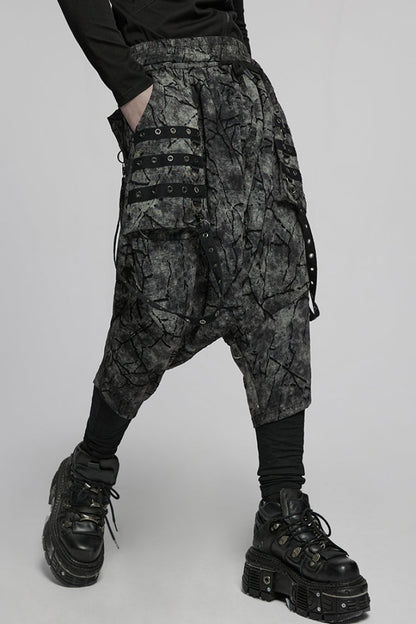 Black/Grey Tie-dyed Sagging Men's Punk Pants with Staps