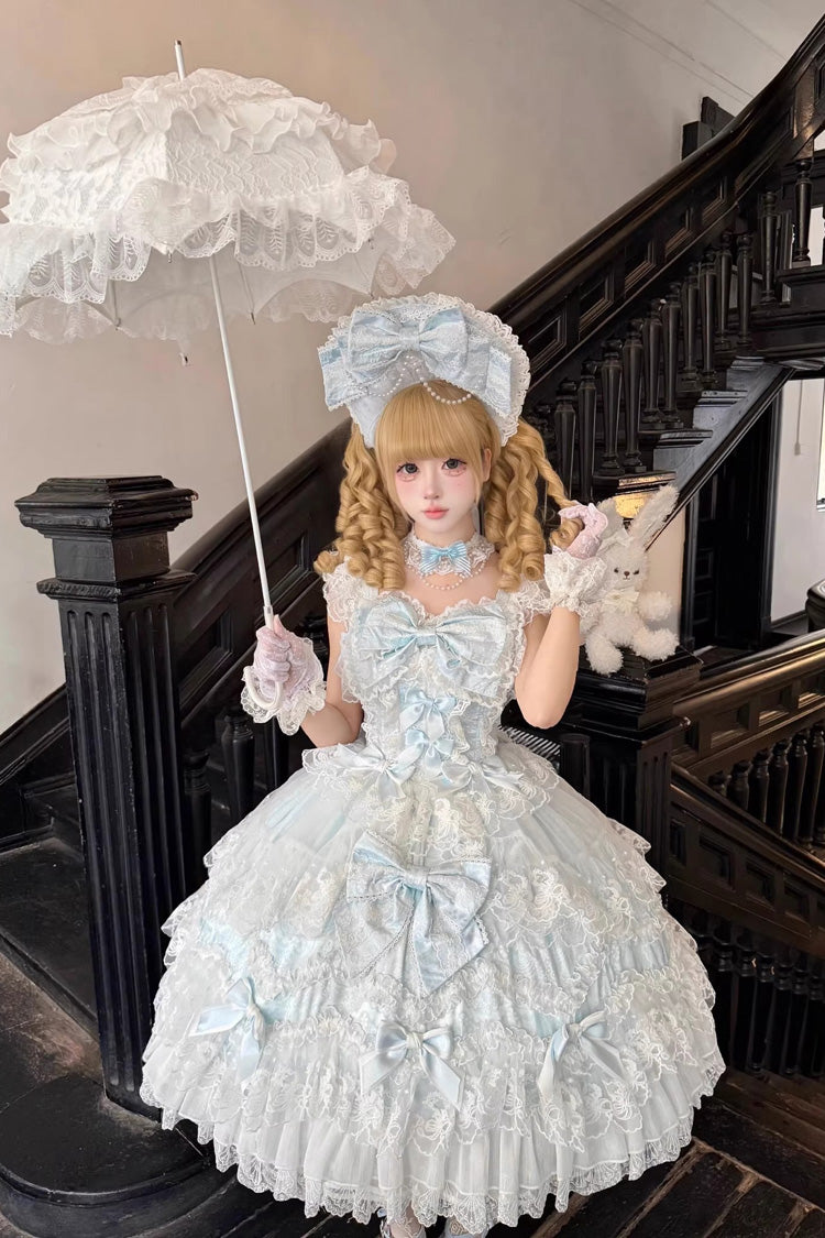 Blue [Sakura Dream Romance] Sleeveless Multi-Layered Ruffled Hanayome Bow Lace Sweet Princess Lolita Jsk Dress