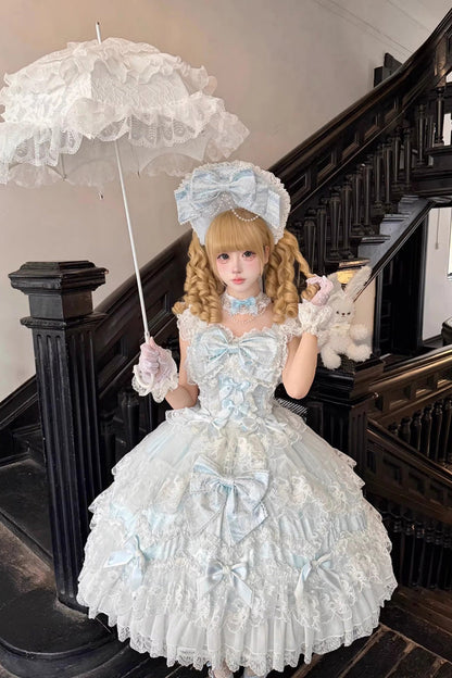 Blue [Sakura Dream Romance] Sleeveless Multi-Layered Ruffled Hanayome Bow Lace Sweet Princess Lolita Jsk Dress