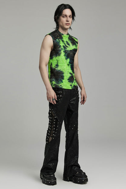 Black/Green Stand Collar Sleeveless Tie-dyed Men's Punk Vest