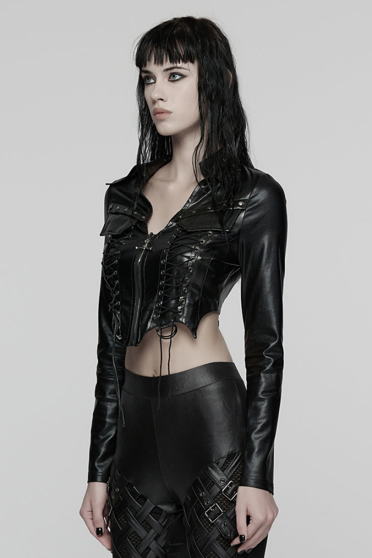 Black Stand Collar Long Sleeves Lace-Up Zipper Women's Punk Jacket