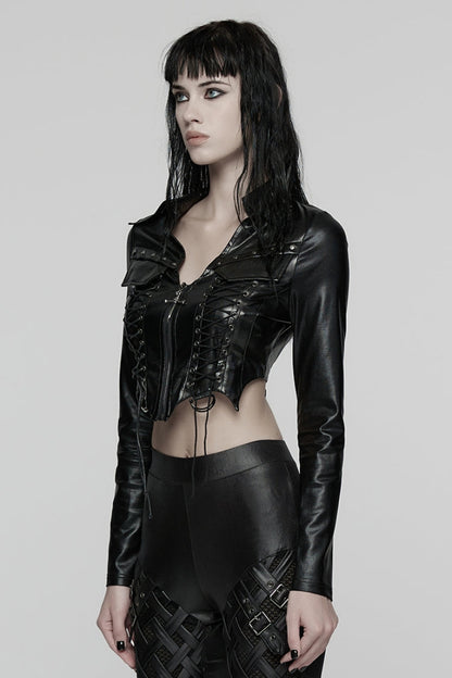 Black Stand Collar Long Sleeves Lace-Up Zipper Women's Punk Jacket