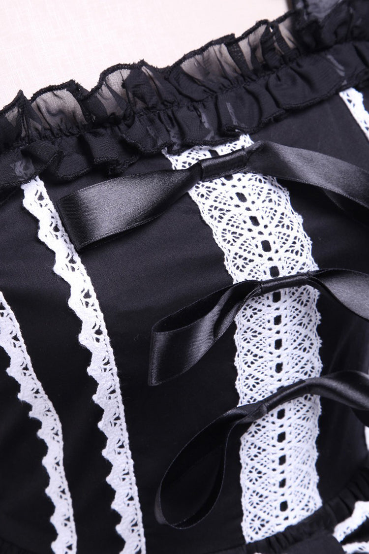 Black/White Cap Sleeves Ruffled Bowknot Lace Trim Gothic Lolita Dress