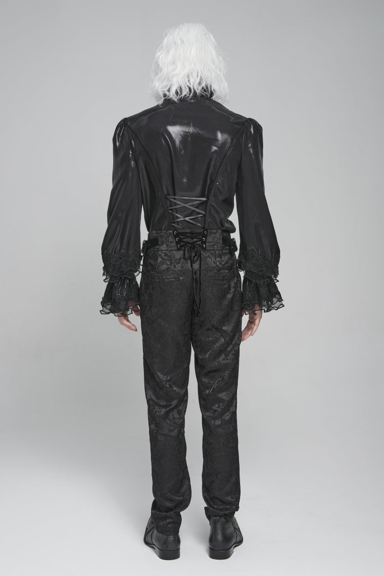 Black Stand Collar Long Puff Sleeves Embroidery Stitching Lace Men's Gothic Blouse