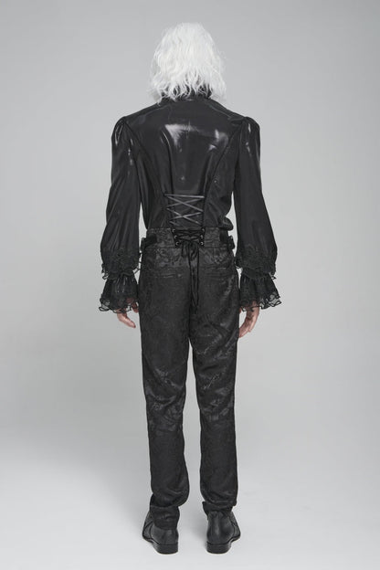 Black Stand Collar Long Puff Sleeves Embroidery Stitching Lace Men's Gothic Blouse