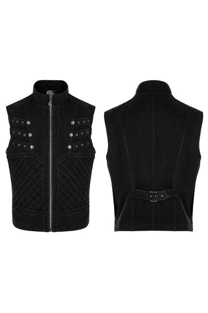 Black Punk Apocalyptic Stand Collar Twill Metal Skull Zip Men's Vest