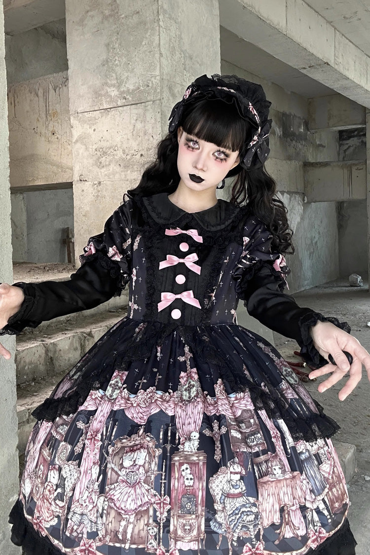 Black [The Case of the Missing Lamb] Print Long Sleeves Ruffle Bowknot Lace Gothic Lolita Dress