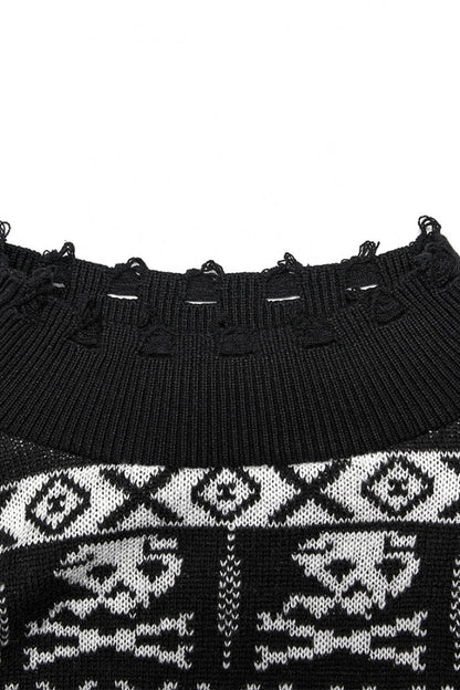 Black/White Stand Collar Long Sleeves Skull Deer Print Grunge Women's Gothic Loose Sweater
