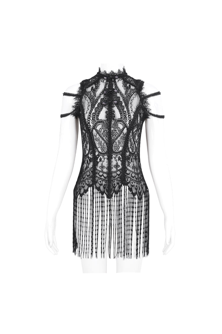 Black Round Collar Embroidery Lace Womens Gothic T-Shirt