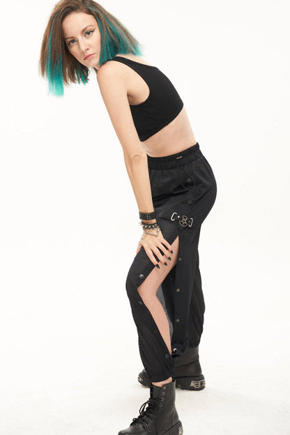 Black Punk Sports Style Metal Five-Star Decoration Trouser Leg Button Detachable Women's Long Pants