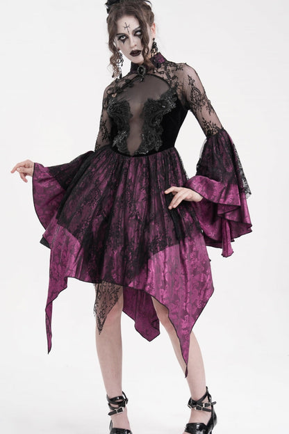 Black/Purple Long Sleeves Embroidery Lace Lace-Up Irregular Sheer Mesh Women's Gothic Dress
