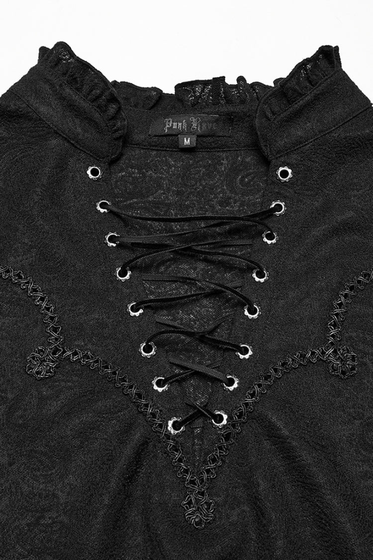 Black V Collar Long Sleeves Jacquard Embroidery Men's Gothic Blouse