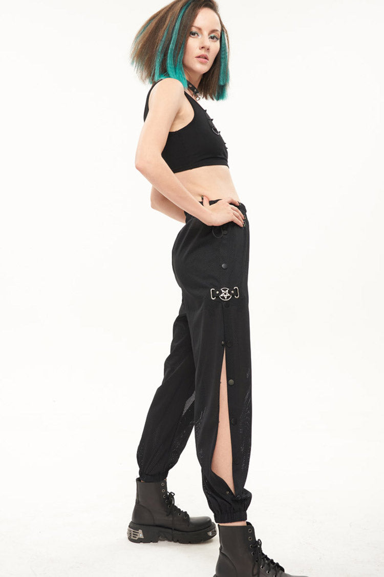 Black Punk Sports Style Metal Five-Star Decoration Trouser Leg Button Detachable Women's Long Pants