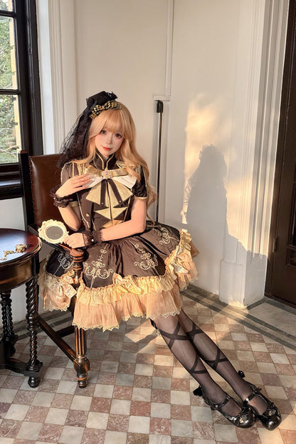 Black [Gilded Oath] Short Sleeves Double-Layered Ruffle Embroidery Bowknot Gothic Lolita Dress