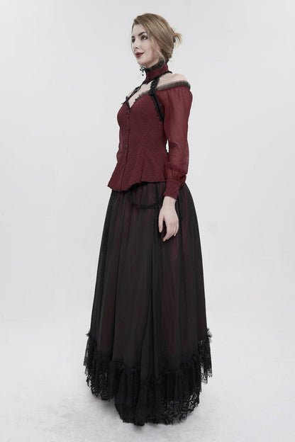 Red Lace Trim Panel Adjustable Back Long Sleeve Women's Gothic Shirt