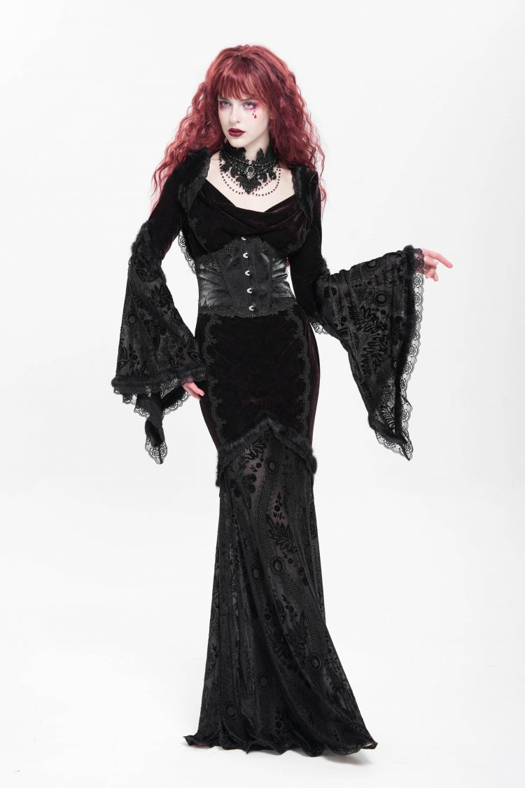 Black/Red Long Trumpet Sleeves Embroidery Stitching Lace Hooded Mesh Women's Gothic Dress