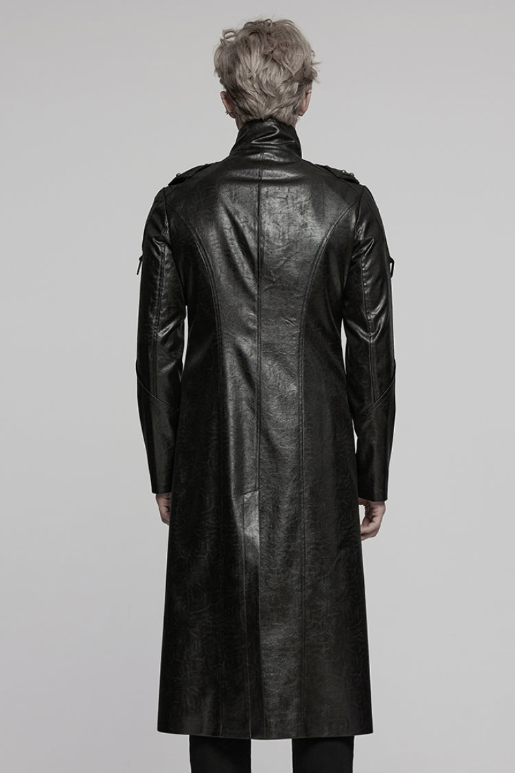 Black Stand Collar Long Sleeves Faux Leather Buckle Men's Punk Coat