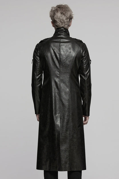 Black Stand Collar Long Sleeves Faux Leather Buckle Men's Punk Coat