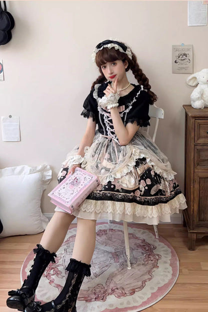 Black Sleeveless Rose Prologue Print Ruffle Bowknot Sweet Elegant Princess Lolita Jsk Dress