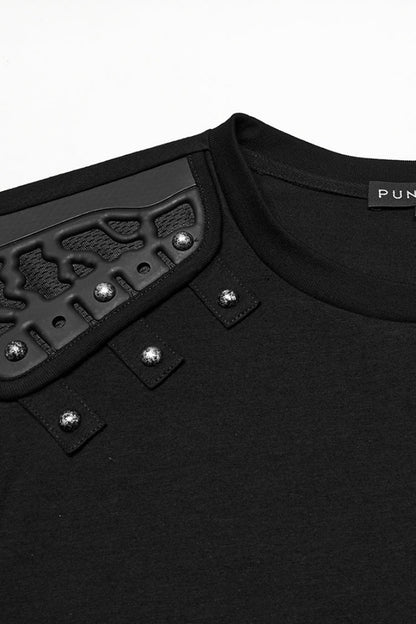 Black Round Collar Sleeveless Studded Stitching Shoulder Patched Men's Punk Vest
