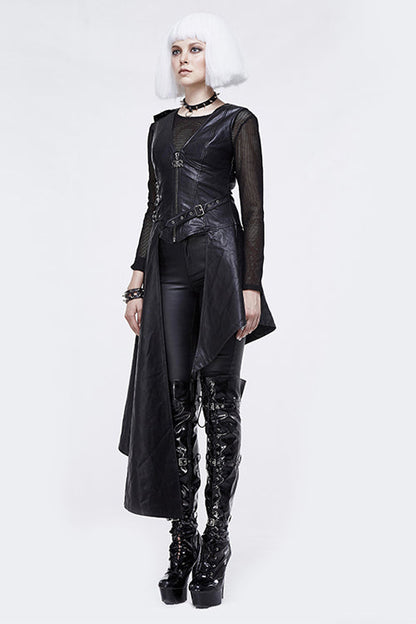 Black Zipper Up Asymmetric Sleeveless Womens Punk Rock Mid Length Leather Dress