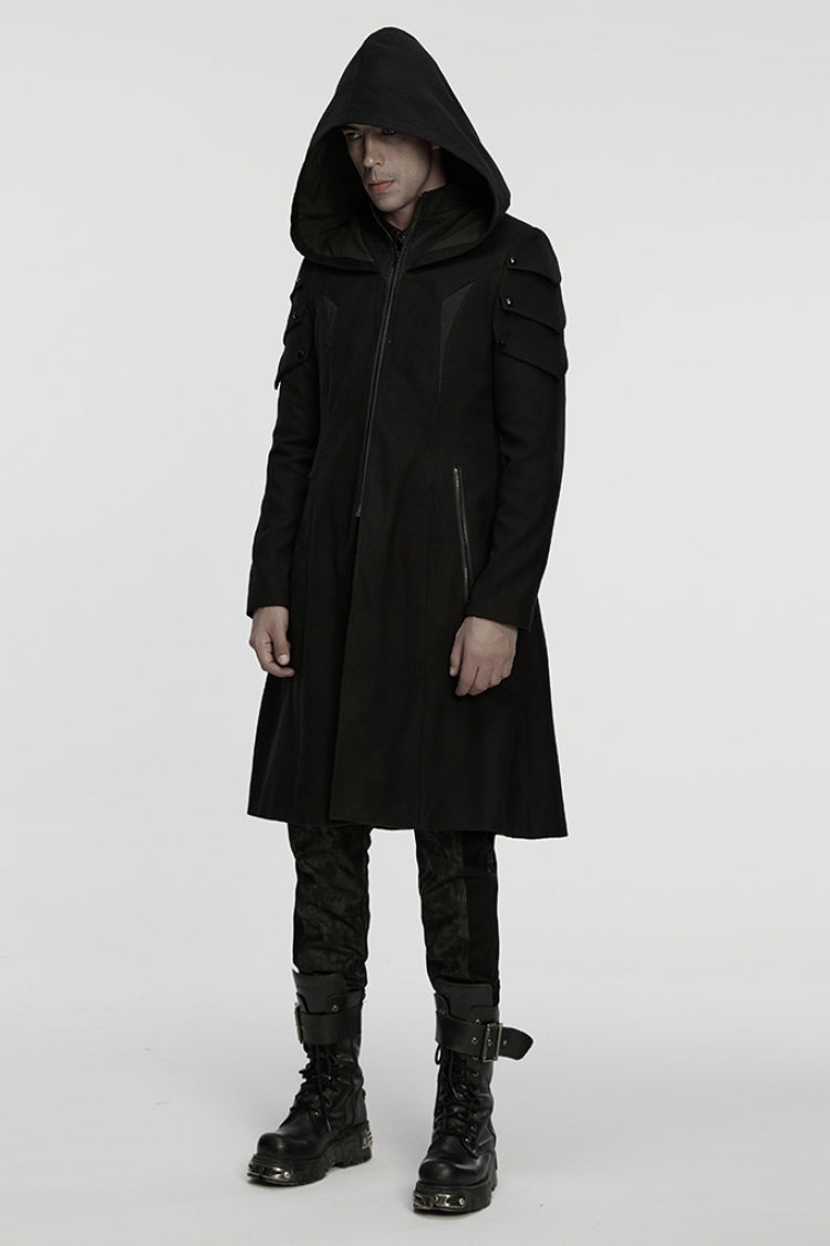 Black Stand Collar Long Sleeves Hooded Zipper Men's Punk Jacket