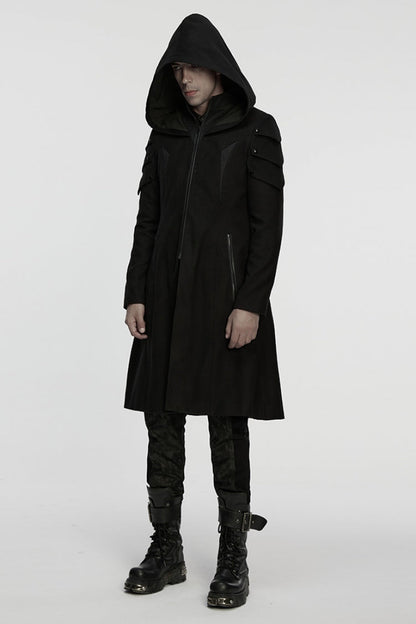 Black Stand Collar Long Sleeves Hooded Zipper Men's Punk Jacket
