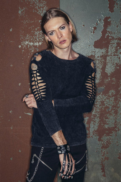 Black Punk Rock Broken Holes Long Sleeves Skull Nail Knitted Mens T-Shirt