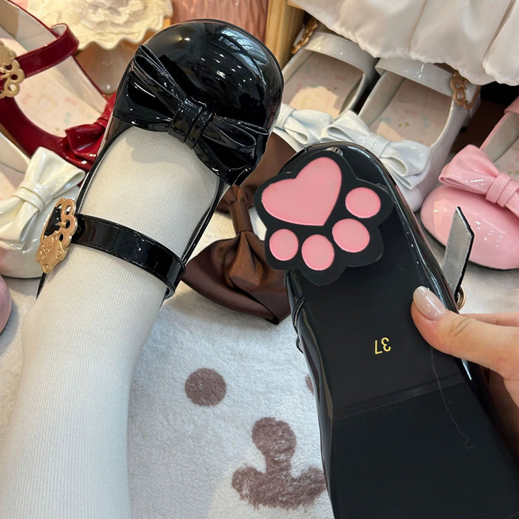 Cute Cat Element Round-Toe Bow Mary Jane Shoes with Cat Paw Heels 7 Colors
