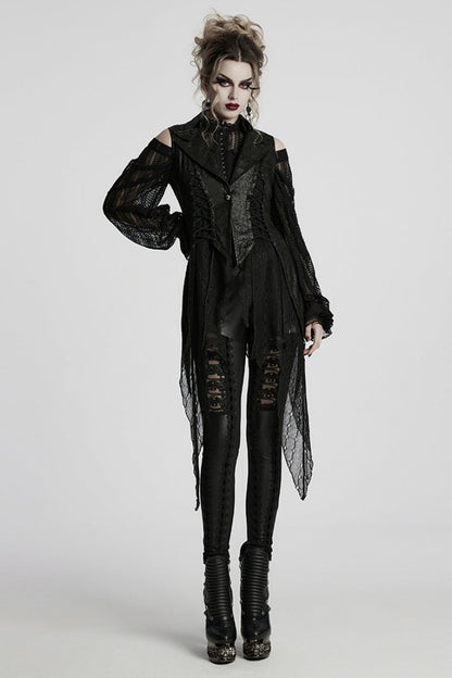 Black V Collar Sleeveless Stitching Lace-Up Irregular Mesh Women's Gothic Long Vest