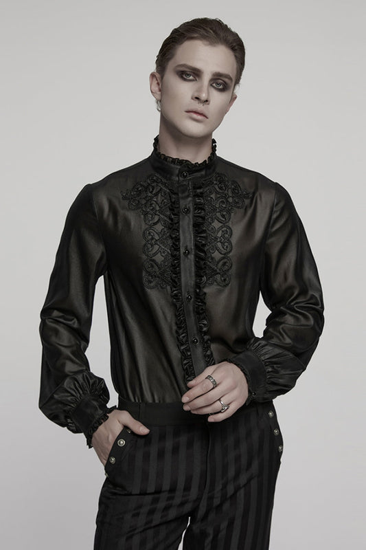 Black Stand Collar Long Sleeves Ruffle Embroidery Men's Gothic Blouse