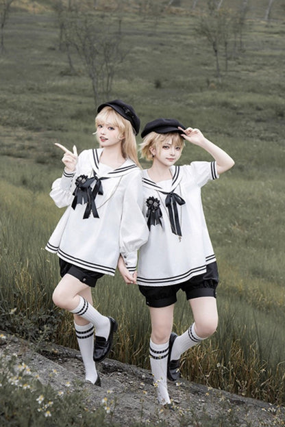 Black/White [Old Stories] Navy Collar Long Sleeves Bowknot Ouji Gothic Lolita Blouse Shorts Set