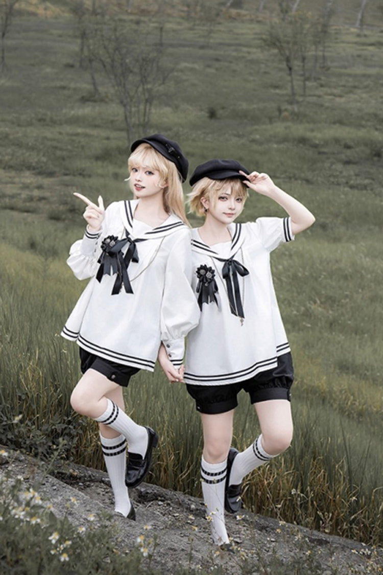 Black/White [Old Stories] Navy Collar Short Sleeves Bowknot Ouji Gothic Lolita Blouse Shorts Set