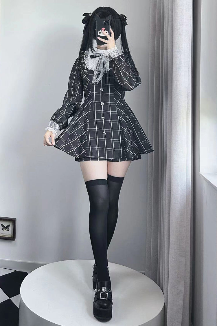 Black/White [Heart-beating Limited] Long Sleeves Plaid Print Print Bowknot Lace Gothic Jirai Kei Dress Set