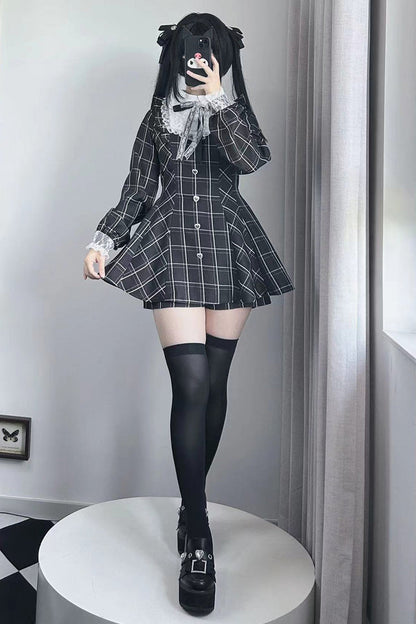 Black/White [Heart-beating Limited] Long Sleeves Plaid Print Print Bowknot Lace Gothic Jirai Kei Dress Set