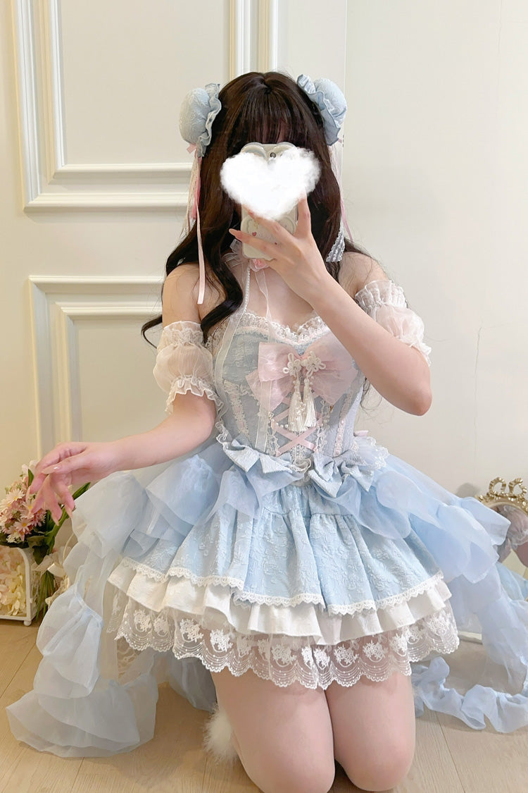 Blue [Rain and Flowers] Halterneck Jacquard Ruffle Bowknot Lace Sweet Lolita Jsk Dress