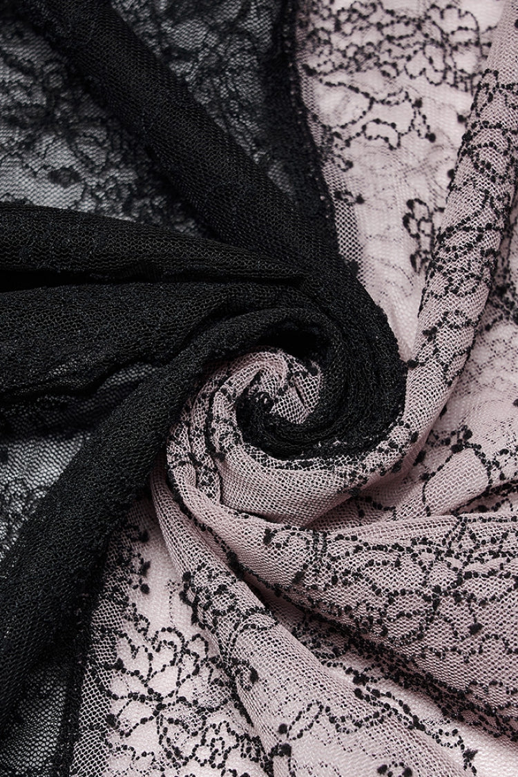 Pink/Black Gothic Lace Stitching Simple Sexy Style Thin See Through Horn Long Sleeved Women's T-Shirt