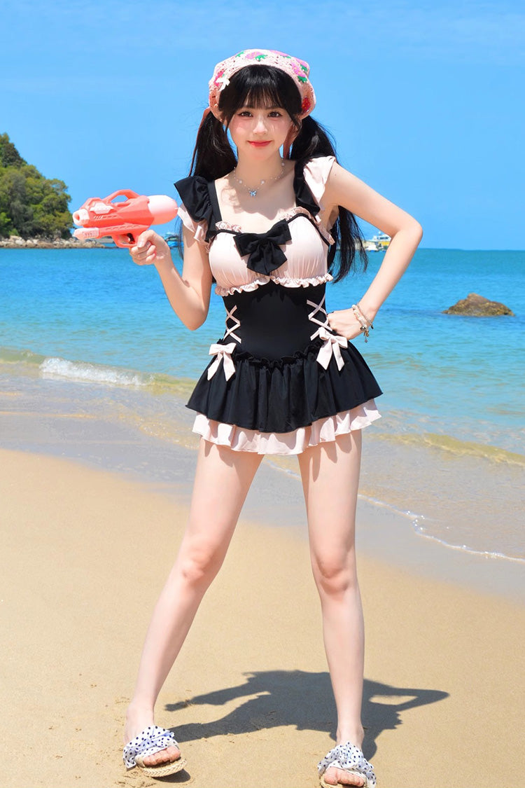 Black/Pink Ruffle Bowknot Lace-Up Sweet Lolita One-piece Swimsuit