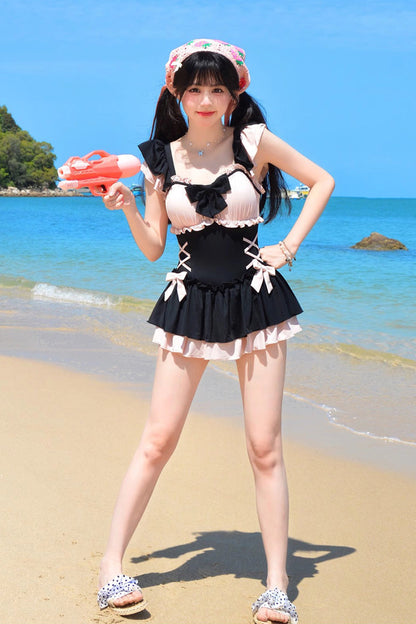 Black/Pink Ruffle Bowknot Lace-Up Sweet Lolita One-piece Swimsuit